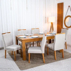 Mesa Athenas 180x90 Amêndoa Clean Tampo Maciço + 6 Cad. Lisboa Veludo Entregue Montada - Madeira Maciça