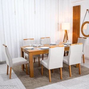 Mesa Athenas 180x90 Amêndoa Clean Tampo Maciço + 6 Cad. Lisboa Veludo Entregue Montada - Madeira Maciça - Imagem 3