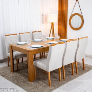 Mesa Athenas 180x90 Amêndoa Clean Tampo Maciço + 6 Cad. Lisboa Veludo Entregue Montada - Madeira Maciça - Imagem 4