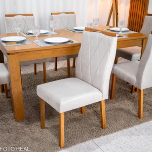 Mesa Athenas 180x90 Amêndoa Clean Tampo Maciço + 6 Cad. Lisboa Veludo Entregue Montada - Madeira Maciça - Imagem 5